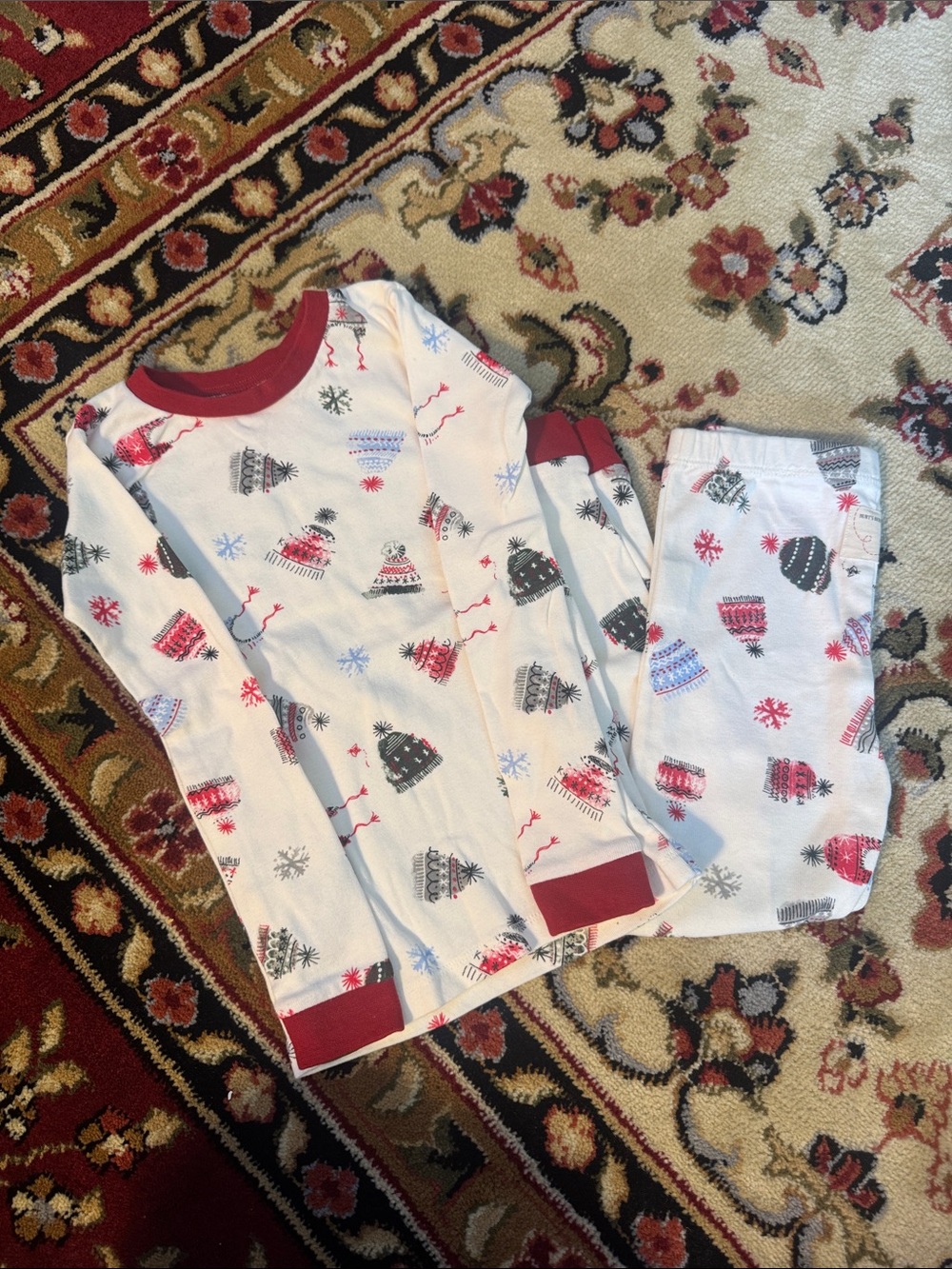 Kids White Holiday Hat Print Pajama Set with Red Trim - Cozy Sleepwear
